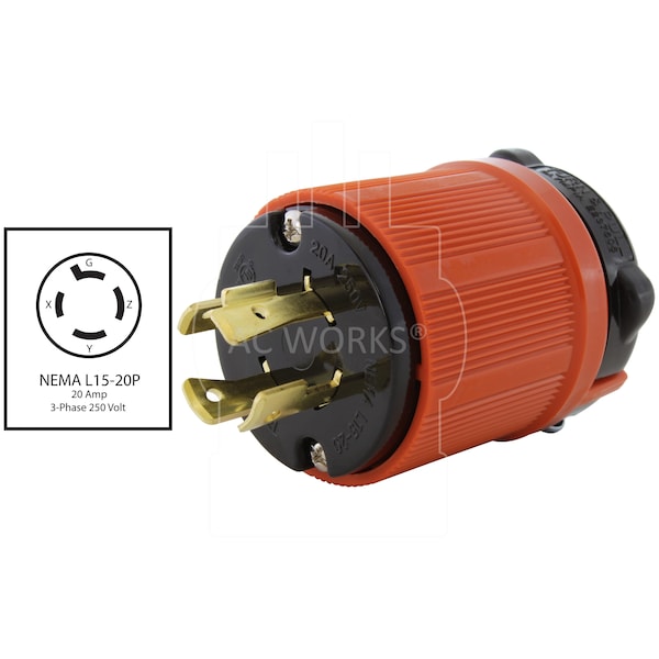 Ac Works NEMA L15-20P 3-Phase 20A 250V 4-Prong Locking Male Plug With UL, C-UL Approval in Orange - ASL1520P