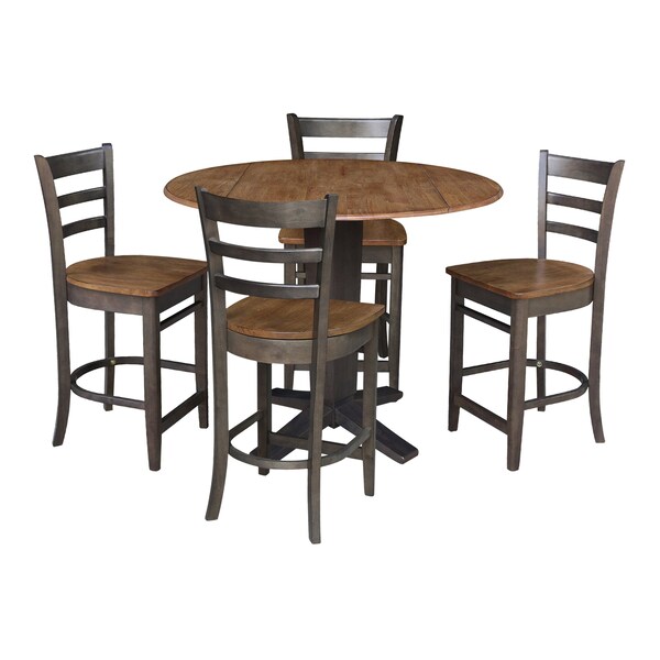 International Concepts 42 in. Solid Wood Dual Drop Leaf Dining Table with 4 Counter Height Stools in Hickory/Washed Coal - K45-42DPT-23-S6172-4