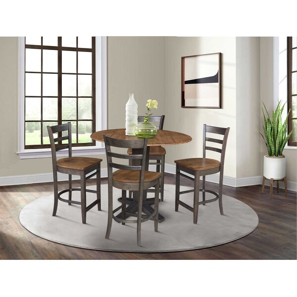 International Concepts 42 in. Solid Wood Dual Drop Leaf Dining Table with 4 Counter Height Stools in Hickory/Washed Coal - K45-42DPT-23-S6172-4