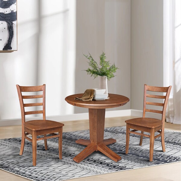 International Concepts 30 in. Solid Wood Round Top Pedestal Dining Table with 2 Chairs in Distressed Oak - K42-30RT-23B-C617-2
