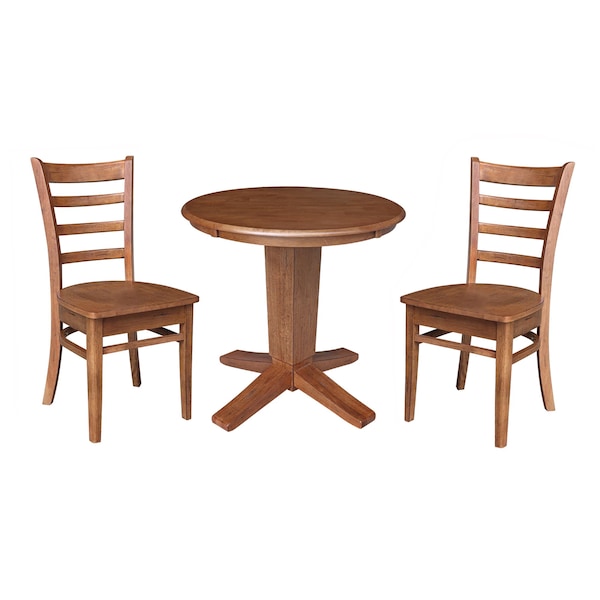 International Concepts 30 in. Solid Wood Round Top Pedestal Dining Table with 2 Chairs in Distressed Oak - K42-30RT-23B-C617-2