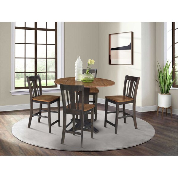 International Concepts 42 in. Solid Wood Dual Drop Leaf Dining Table with 4 Counter Height Stools in Hickory/Washed Coal - K45-42DPT-23B-S102-4