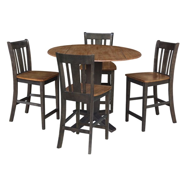 International Concepts 42 in. Solid Wood Dual Drop Leaf Dining Table with 4 Counter Height Stools in Hickory/Washed Coal - K45-42DPT-23B-S102-4