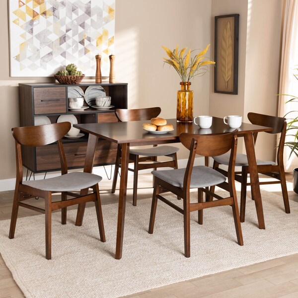 Baxton Studio Orion Light Grey Upholstered and Walnut Wood 5-Piece Dining Set - 167-10810-10807