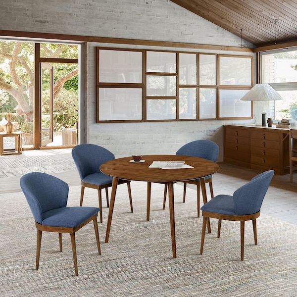 Armen Living Arcadia and Juno 48" Round Blue and Walnut Wood 5 Piece Dining Set - SETARDI5JNWABLU48