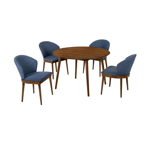 Armen Living Arcadia and Juno 48" Round Blue and Walnut Wood 5 Piece Dining Set - SETARDI5JNWABLU48