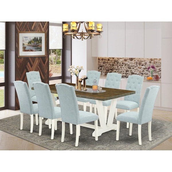 East West Furniture 9 Piece V-Style Kitchen Dining Room Set - Linen White - V077CE215-9