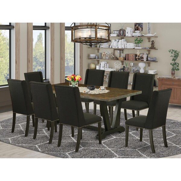 East West Furniture 9 Piece V-Style Dining Room Table Set - Black - V677FL624-9