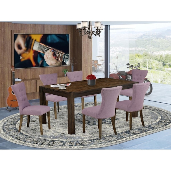 East West Furniture 7 Piece Lismore Dining Room Table Set - Distressed Jacobean - LMGA7-77-40