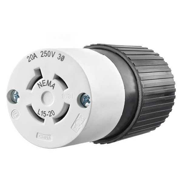 Zoro Select 20A Locking Connector 3P 3W 250VAC L15-20R BK/WT - 71520NC
