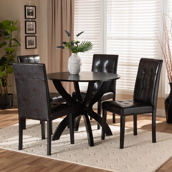 Baxton Studio Elira Dark Brown Upholstered and Dark Brown Wood 5-Piece Dining Set - 169-8030-10902