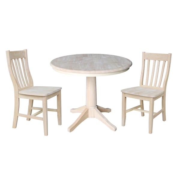International Concepts Round 36 in Round Top Pedestal Table, with 2 Cafe Chairs, Unfinished, 36 in W, 36 in L, 29.9 in H - K-36RT-27B-C61-2