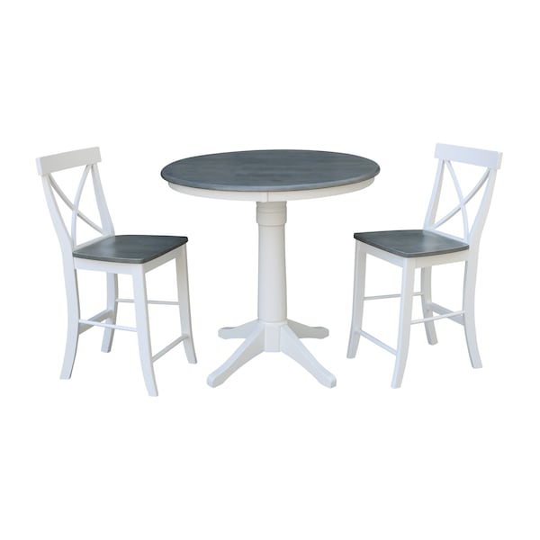 International Concepts Round 36 in Rd Ped Gathering Ht Table, 2 X-Back Stools, White/Heather Gray, 36 in W, 36 in L, Wood - K05-36RT-27B-S6132-2