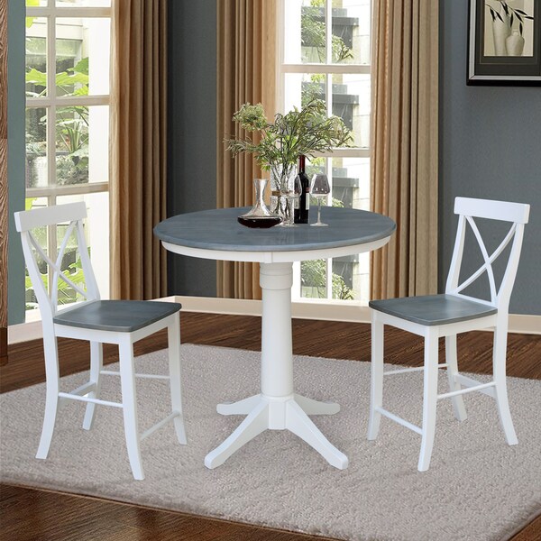 International Concepts Round 36 in Rd Ped Gathering Ht Table, 2 X-Back Stools, White/Heather Gray, 36 in W, 36 in L, Wood - K05-36RT-27B-S6132-2