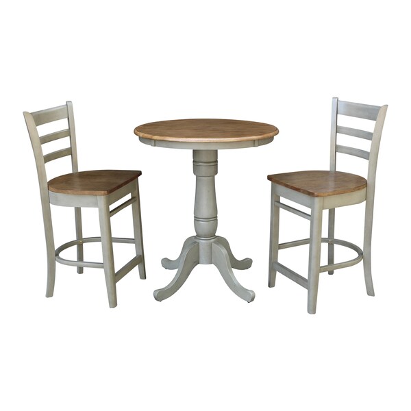 International Concepts Round 30 in Rd Ped Gathering Ht Table, 2 Emily Counter Ht Stools, Hickory/Stone, 30 in W, 30 in L - K41-30RT-6B-S6172-2