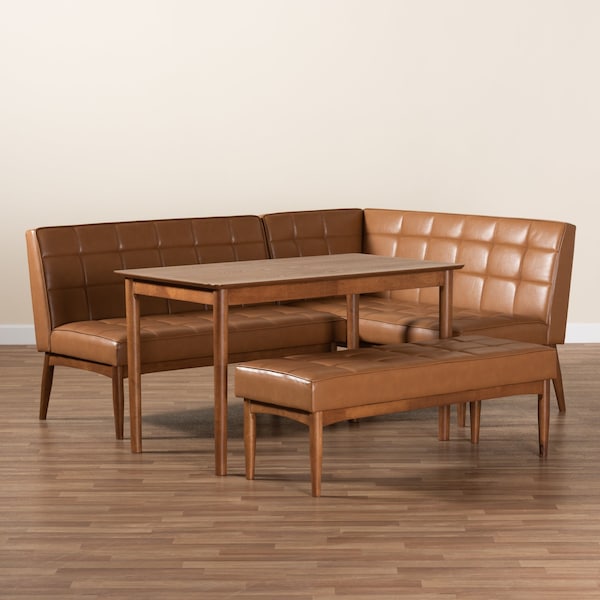 Baxton Studio Sanford Mid-Century Modern Tan Faux Leather and Walnut Brown Finished Wood 4-Piece Dining Nook Set - 184-11346-11348-9305-ZORO
