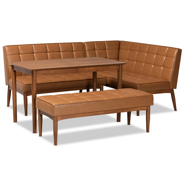 Baxton Studio Sanford Mid-Century Modern Tan Faux Leather and Walnut Brown Finished Wood 4-Piece Dining Nook Set - 184-11346-11348-9305-ZORO