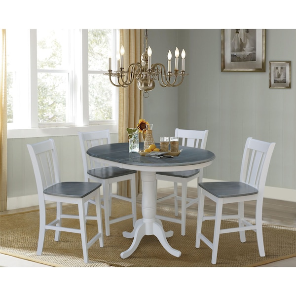 International Concepts Round 36 in Rd Extend Dining Table, 4 San Remo Stools, White/Heather Gray, 36 in W, 48 in L, Wood - K05-36RXT-6B-S102-4
