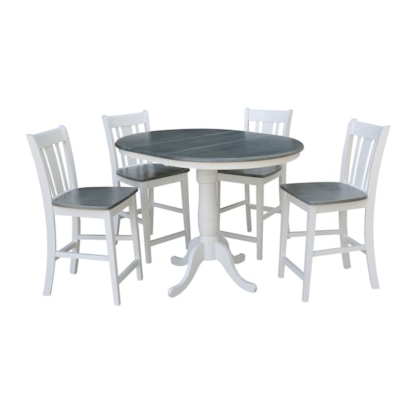 International Concepts Round 36 in Rd Extend Dining Table, 4 San Remo Stools, White/Heather Gray, 36 in W, 48 in L, Wood - K05-36RXT-6B-S102-4