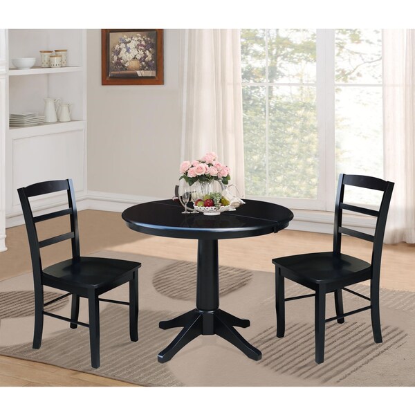 International Concepts Round 36 in Round Extension Dining Table with 2 Madrid Chairs, Black, 36 in W, 48 in L, 30.1 in H - K46-36RXT-27B-C2-2