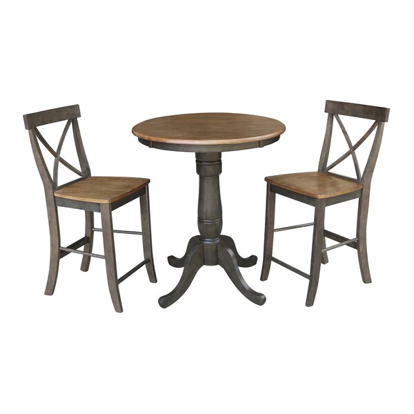 International Concepts Round 30 in Rd Ped Gathering Ht Table, 2 X-Back Counter Ht Stools, Hickory/Coal, 30 in W, 30 in L - K45-30RT-6B-S6132-2