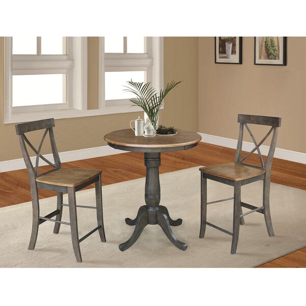 International Concepts Round 30 in Rd Ped Gathering Ht Table, 2 X-Back Counter Ht Stools, Hickory/Coal, 30 in W, 30 in L - K45-30RT-6B-S6132-2