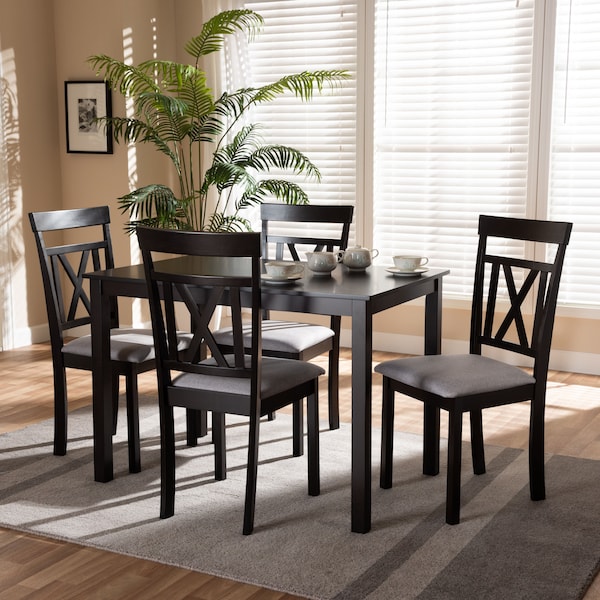 Baxton Studio Rosie Espresso Finished and Grey Upholstered 5-Piece Dining Set - 149-8960-8026