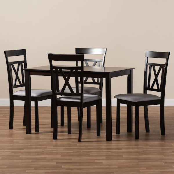 Baxton Studio Rosie Espresso Finished and Grey Upholstered 5-Piece Dining Set - 149-8960-8026