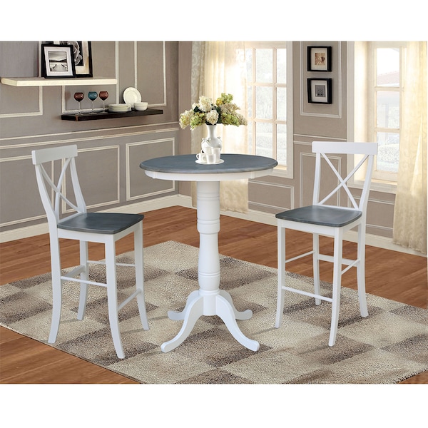 International Concepts Round 30 in Rd Pedestal Bar Ht Table, 2 X-Back Bar Ht Stools, White/Heather Gray, 30 in W, 30 in L - K05-30RT-6B-S6133-2