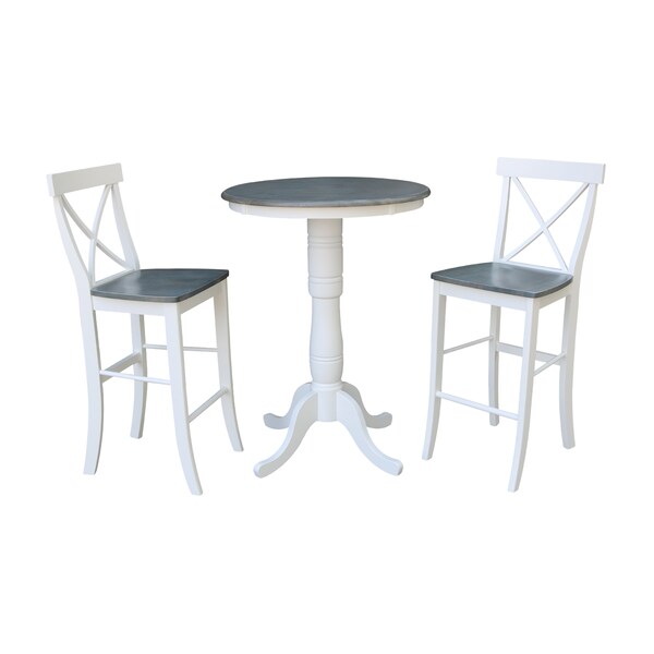 International Concepts Round 30 in Rd Pedestal Bar Ht Table, 2 X-Back Bar Ht Stools, White/Heather Gray, 30 in W, 30 in L - K05-30RT-6B-S6133-2