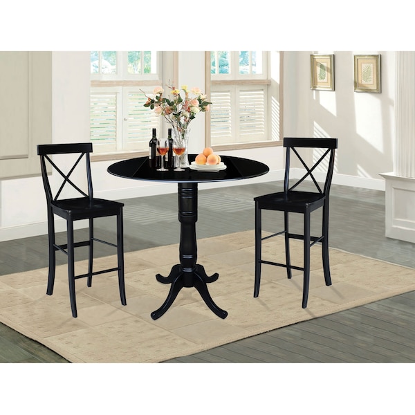 International Concepts Round 42 in Round Pedestal Bar Height Table with 2 Bar Height Stools, Black, 42 in W, 42 in L, Wood - K46-42DPT-S6133-2