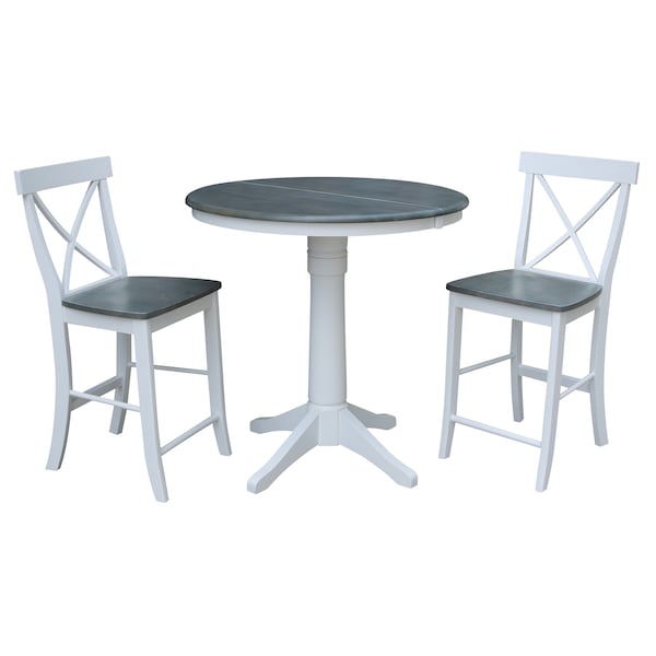 International Concepts Round 36 in Rd Extend Dining Table, 2 X-Back Stools, White/Heather Gray, 36 in W, 48 in L, 36.1 in H - K05-36RXT-27B-S6132-2