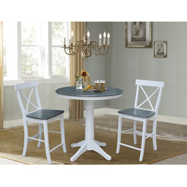 International Concepts Round 36 in Rd Extend Dining Table, 2 X-Back Stools, White/Heather Gray, 36 in W, 48 in L, 36.1 in H - K05-36RXT-27B-S6132-2