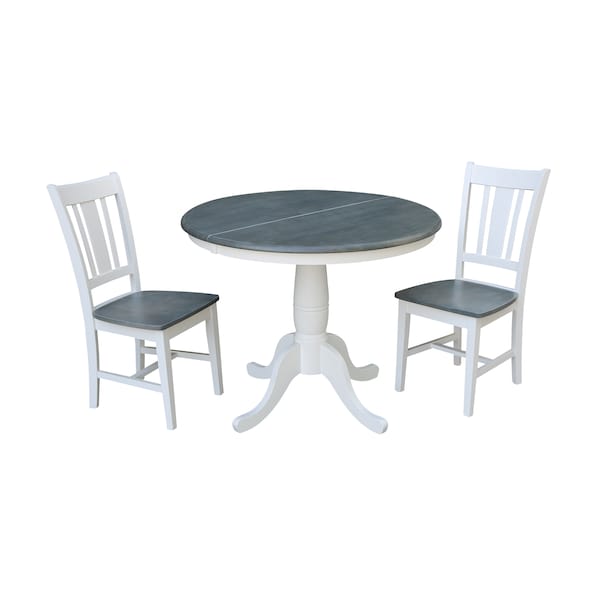International Concepts Round 36 in Rd Extension Dining Table, 2 San Remo Chairs, White/Heather Gray, 36 in W, 48 in L, Wood - K05-36RXT-C10-2