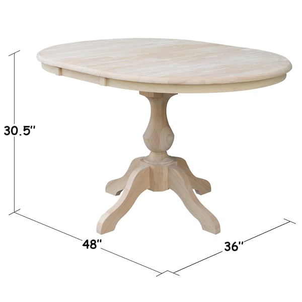 International Concepts Round 36 in Rd Top Pedestal Table, 12 in Leaf, 28.9 inH, Dining Height, Unfinished, 36 in W, Wood - K-36RXT-11B