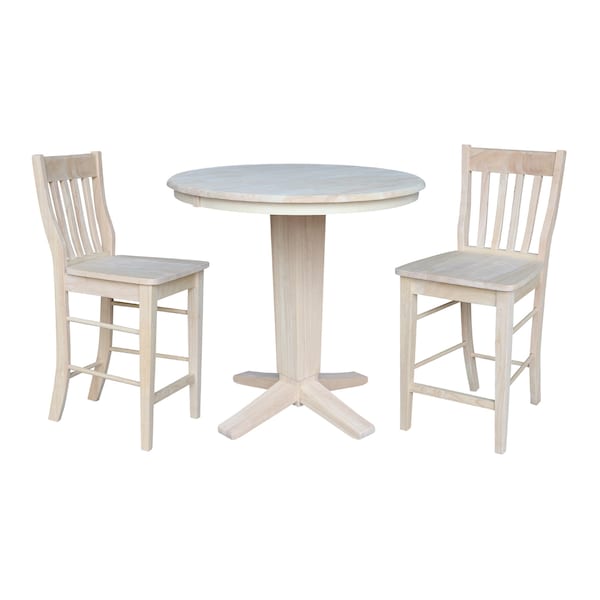International Concepts 36 in.Round Counter Height Extension Dining Table w/12 in.Leaf and 2 Stools in Unfinished-3 Pc. Set - K-36RXT-23B-S6162-2
