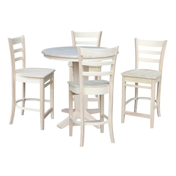 International Concepts 36 in. Solid Wood Round Extension Dining Table with 4 Counter Height Stools, Unfinished - K-36RXT-23B-S6172-4