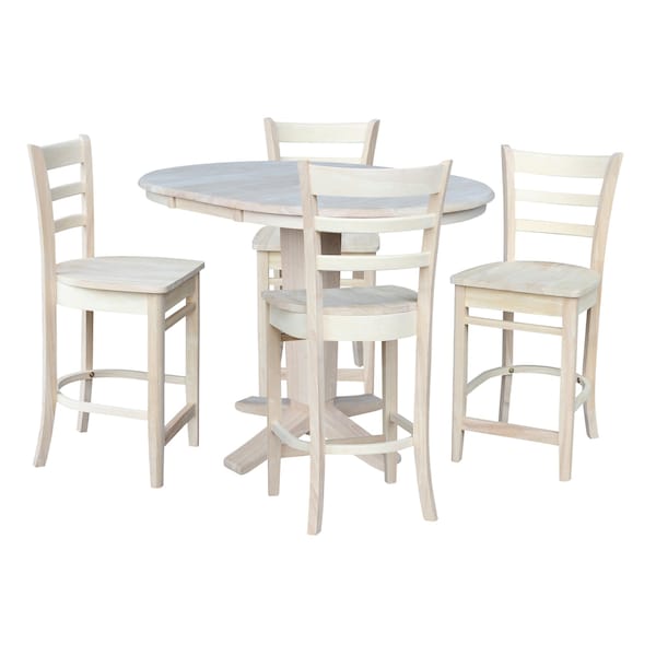 International Concepts 36 in. Solid Wood Round Extension Dining Table with 4 Counter Height Stools, Unfinished - K-36RXT-23B-S6172-4