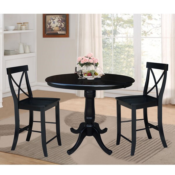 International Concepts Round 36 in Rd Extension Dining Table 34.9 inH, 2 X-Back Counter Ht Stools, Black, 36 in W, 48 in L - K46-36RXT-S6132-2