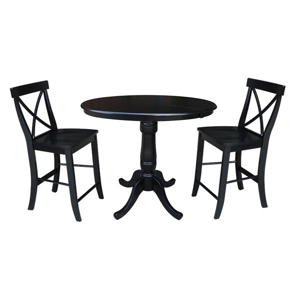 International Concepts Round 36 in Rd Extension Dining Table 34.9 inH, 2 X-Back Counter Ht Stools, Black, 36 in W, 48 in L - K46-36RXT-S6132-2