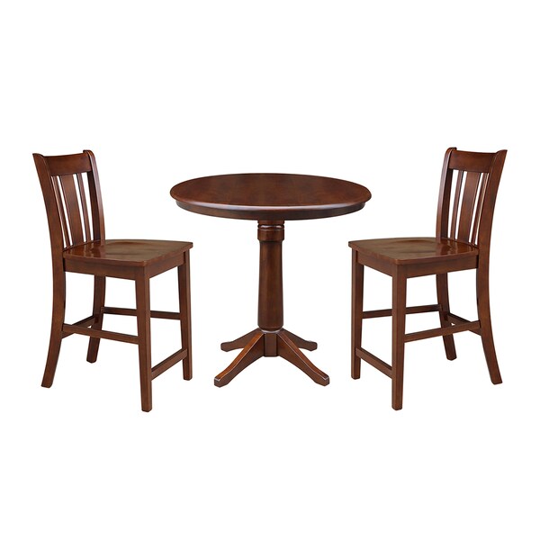 International Concepts Round 36 in Rd Pedestals Gathering Ht Table, 2 Counter Ht Stools, Espresso, 36 in W, 36 in L, Wood - K581-36RT-27B-S102-2