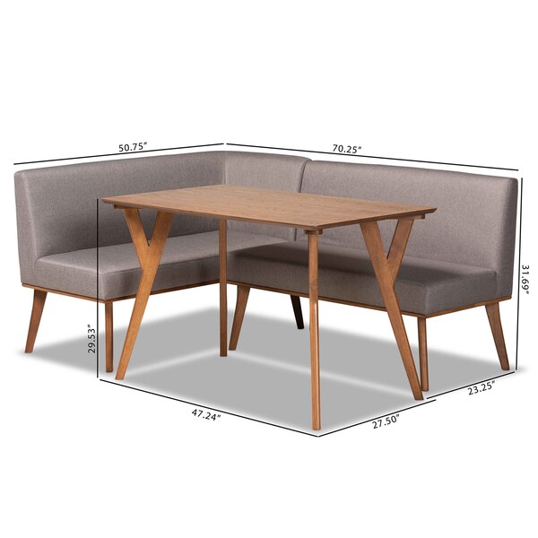 Baxton Studio Odessa Mid-Century Modern Grey Fabric and Walnut Brown Finished Wood 3-Piece Dining Nook Set - 175-10843-10840-ZORO