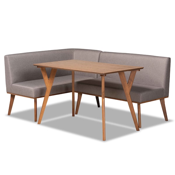 Baxton Studio Odessa Mid-Century Modern Grey Fabric and Walnut Brown Finished Wood 3-Piece Dining Nook Set - 175-10843-10840-ZORO