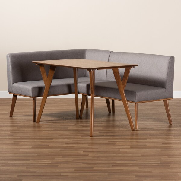 Baxton Studio Odessa Mid-Century Modern Grey Fabric and Walnut Brown Finished Wood 3-Piece Dining Nook Set - 175-10843-10840-ZORO