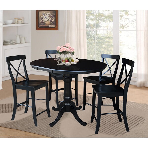 International Concepts Round 36 in Rd Extension Dining Table 34.9 inH, 4 X-Back Counter Ht Stools, Black, 36 in W, 48 in L - K46-36RXT-S6132-4