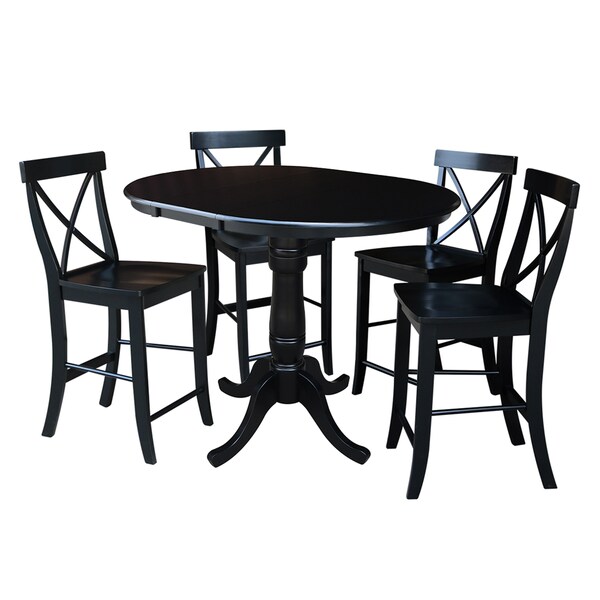 International Concepts Round 36 in Rd Extension Dining Table 34.9 inH, 4 X-Back Counter Ht Stools, Black, 36 in W, 48 in L - K46-36RXT-S6132-4