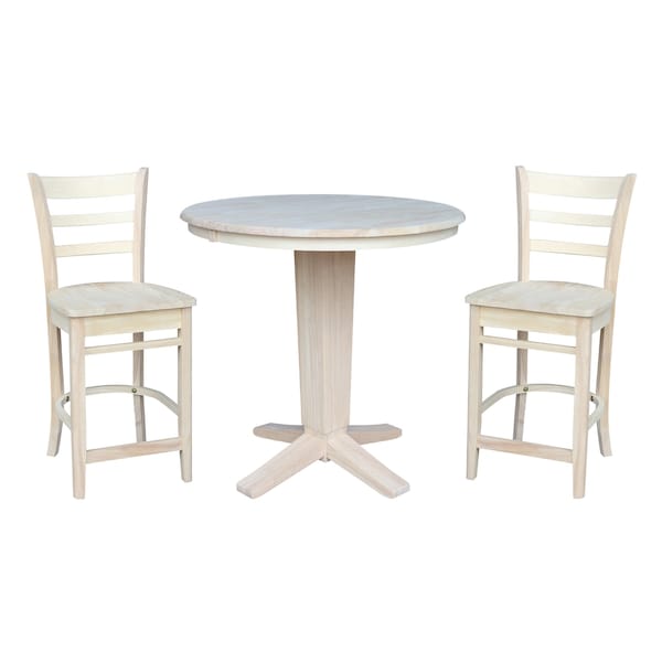 International Concepts 36 in.Round Counter Height Extension Dining Table w/12 in.Leaf and 2 Stools in Unfinished-3 Pc. Set - K-36RXT-23B-S6172-2