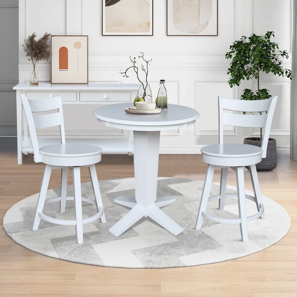 International Concepts 30 in. Solid Wood Round Top Pedestal Dining Table with 4 Counter Height Stools in White - K08-30RT-23B-S800SW2