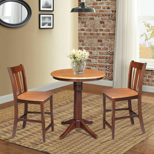 International Concepts Round 30 in Rd Ped Gathering Ht Table, 2 Counter Ht Stools, Cinnamon/Espresso, 30 in W, 30 in L, Wood - K58-30RT-27B-S102-2
