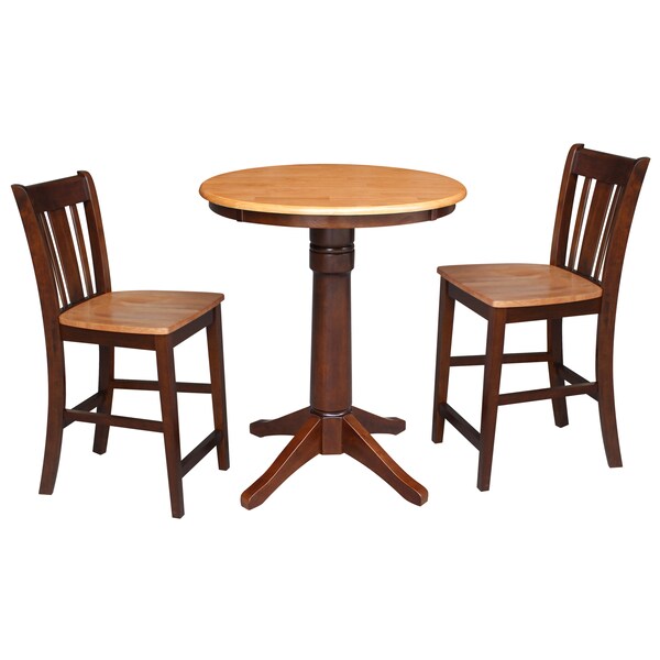 International Concepts Round 30 in Rd Ped Gathering Ht Table, 2 Counter Ht Stools, Cinnamon/Espresso, 30 in W, 30 in L, Wood - K58-30RT-27B-S102-2